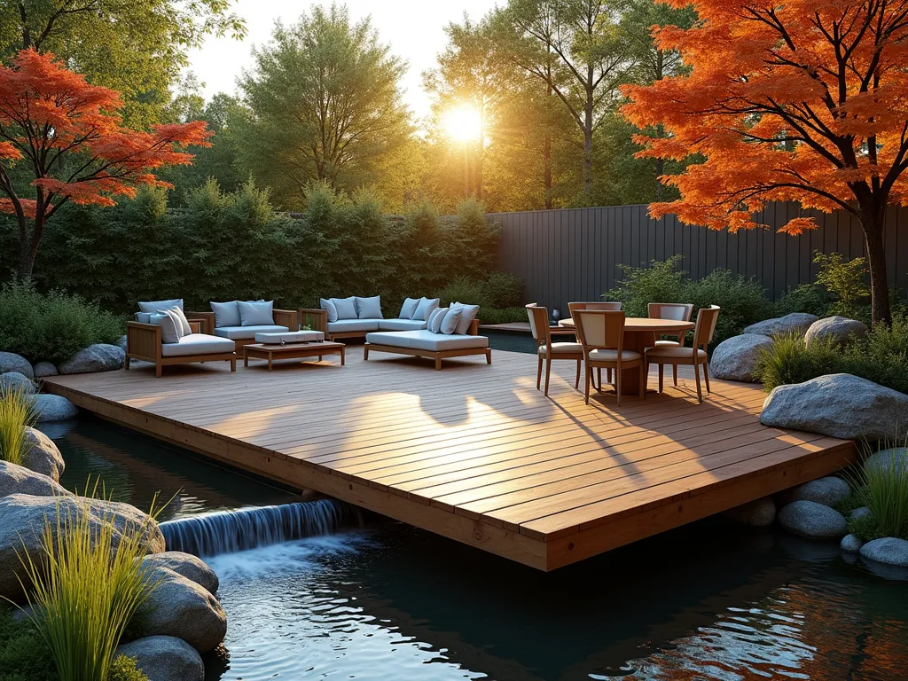 Modern Floating Deck Over Tranquil Stream - Photorealistic landscape view of a contemporary floating wooden deck hovering over a crystal-clear garden stream, shot during golden hour. The deck is made of rich ipe wood planks with subtle gaps revealing the flowing water beneath. Natural stone borders line the gentle stream, with ornamental grasses and Japanese forest grass swaying at the edges. Decorative river rocks create subtle waterfalls under the deck. Modern outdoor furniture and soft LED deck lighting create an inviting entertainment space. The composition shows dappled sunlight filtering through nearby Japanese maples, creating a serene atmosphere.