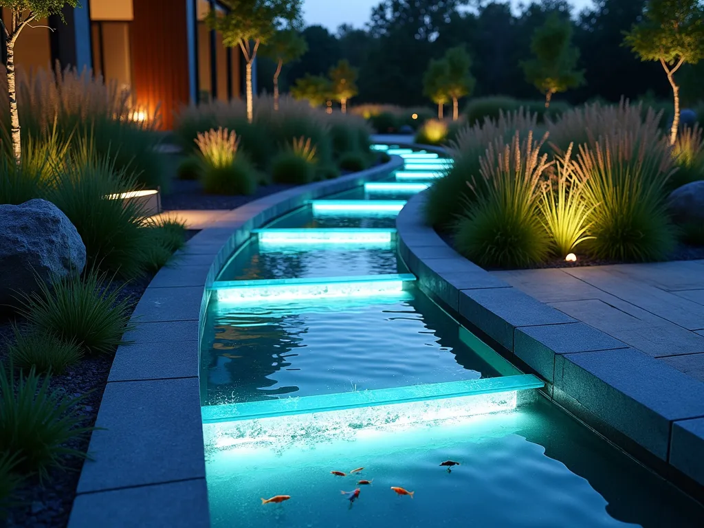 Modern Glass-Bottom Garden Stream at Twilight - A contemporary garden stream with illuminated glass panels set into the streambed, photographed at dusk. Crystal-clear water flows over reinforced glass sections that glow with soft blue-white LED lighting from below. Small colorful fish visible through the glass panels. Sleek stone borders frame the meandering stream, with modern geometric pavers alongside. Minimalist architectural plants like horsetail reed and Japanese forest grass line the edges. Gentle ripples on water surface create mesmerizing light patterns. Professional architectural photography style, dramatic lighting, hyper-realistic detail.