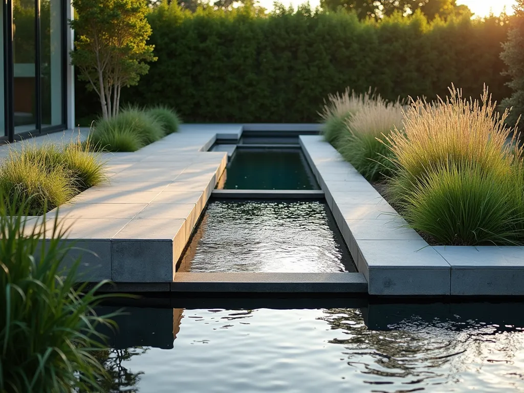 Modern Industrial Concrete Stream Garden - A contemporary garden featuring a sleek concrete water feature with angular geometric channels and minimalist rectangular pools, surrounded by ornamental grasses and Japanese forest grass. The concrete forms clean geometric lines against lush green plantings. Soft lighting reflects off the water surface, creating a dramatic interplay between industrial and natural elements. Shot during golden hour with dramatic shadows casting across the concrete surfaces.