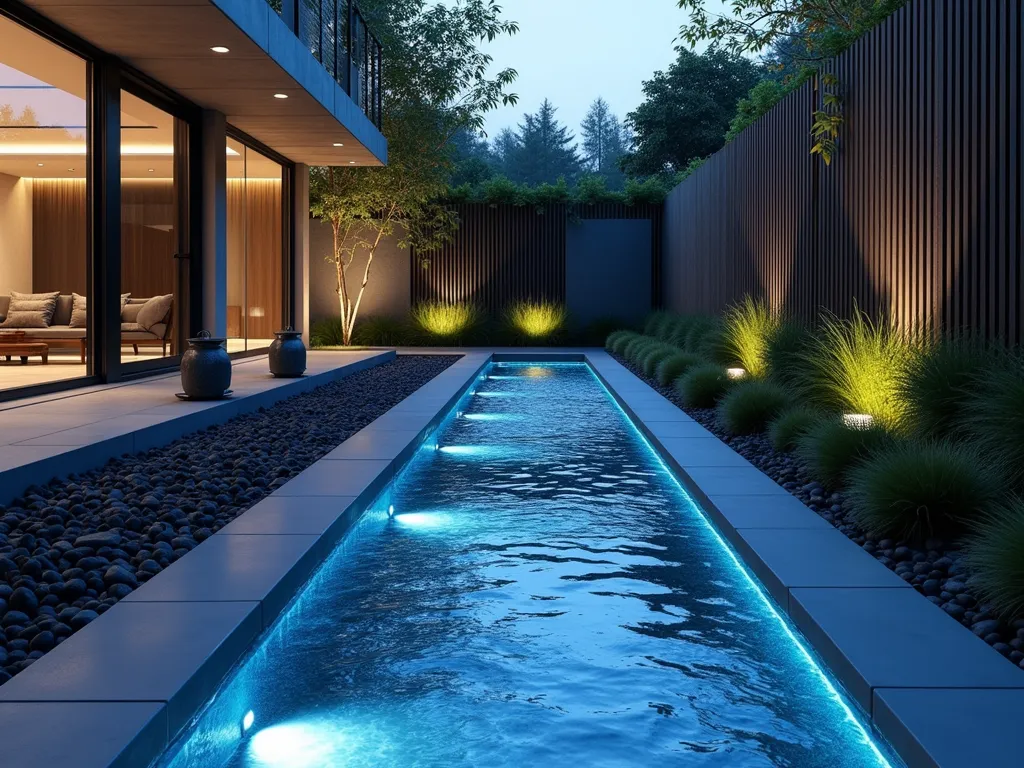 Modern Linear Garden Stream with LED Illumination - A sleek, contemporary garden stream with straight concrete channels and brushed steel edges, flowing through a minimalist garden space. Crystal-clear water flows over smooth black river rocks, illuminated from beneath by cool blue LED strip lighting. Clean geometric lines and modern architectural elements frame the stream, with subtle ornamental grasses and bamboo providing organic contrast. Captured during blue hour to showcase the dramatic lighting effects. Photorealistic, architectural photography style.