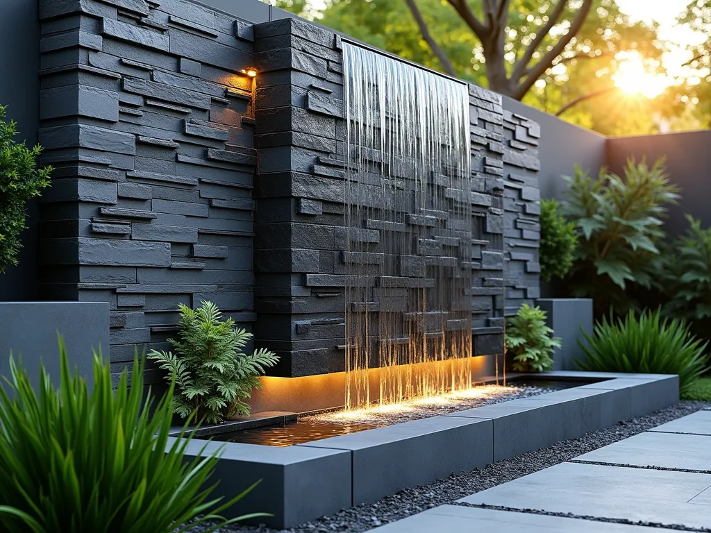 Modern Slate Wall Waterfall - A stunning vertical garden feature showing stacked dark gray slate tiles creating a modern waterfall wall, with water gracefully cascading down the textured natural stone surface. The water catches afternoon sunlight, creating a shimmer effect against the slate. Small LED uplights illuminate the falling water. Set in a contemporary courtyard garden with minimal plantings of trailing ferns and Japanese forest grass at the base. Photographed at golden hour with soft, warm lighting highlighting the water's movement. Photorealistic, architectural style, 8k resolution.