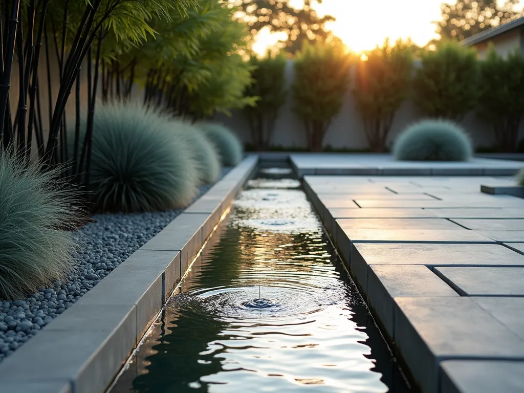 Modern Stainless Steel Garden Stream - A minimalist garden featuring a sleek stainless steel water channel, perfectly polished and reflecting sunlight. The stream runs through a contemporary landscape with geometric concrete pavers and architectural ornamental grasses. The water flows smoothly over the metallic surface, creating gentle ripples that catch the light. Clean lines and zen-like simplicity dominate the scene, with carefully placed black bamboo and silver-blue fescue grass providing organic contrast to the industrial materials. Shot during golden hour with dramatic shadows and reflections.