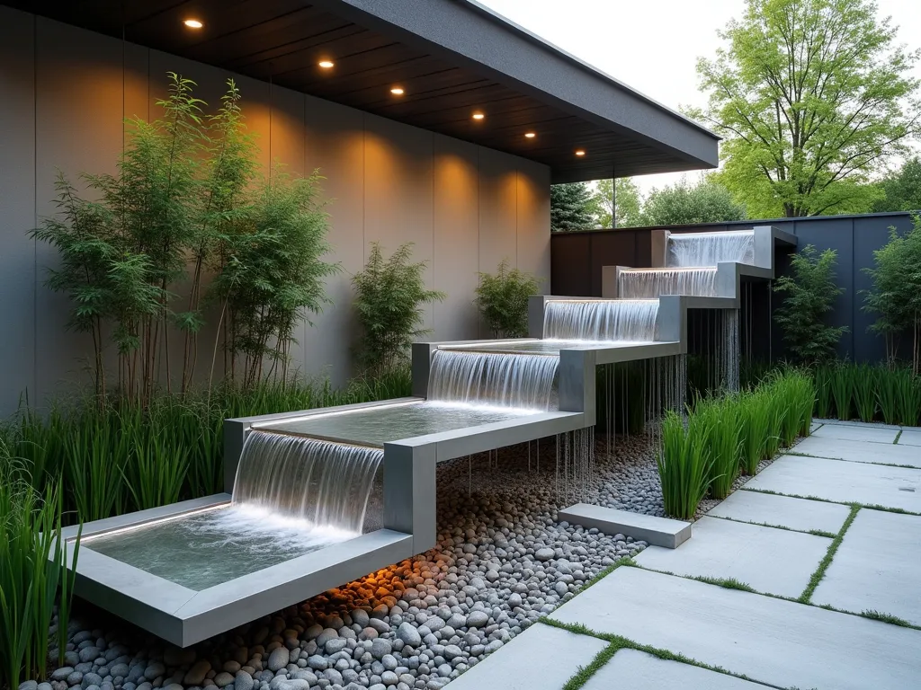 Modern Suspended Stream Garden - A contemporary garden design featuring an elegant suspended stream system where polished stainless steel channels float at varying heights, supported by thin steel cables. Crystal-clear water cascades through the elevated channels, creating a mesmerizing waterfall effect. The channels are artfully arranged in a zigzag pattern against a backdrop of modern architectural elements and minimal landscaping. Soft LED lighting illuminates the water's path from below, casting ethereal reflections. Japanese forest grass and bamboo provide subtle greenery beneath the floating water feature, while the ground features a mix of smooth river rocks and geometric concrete pavers.