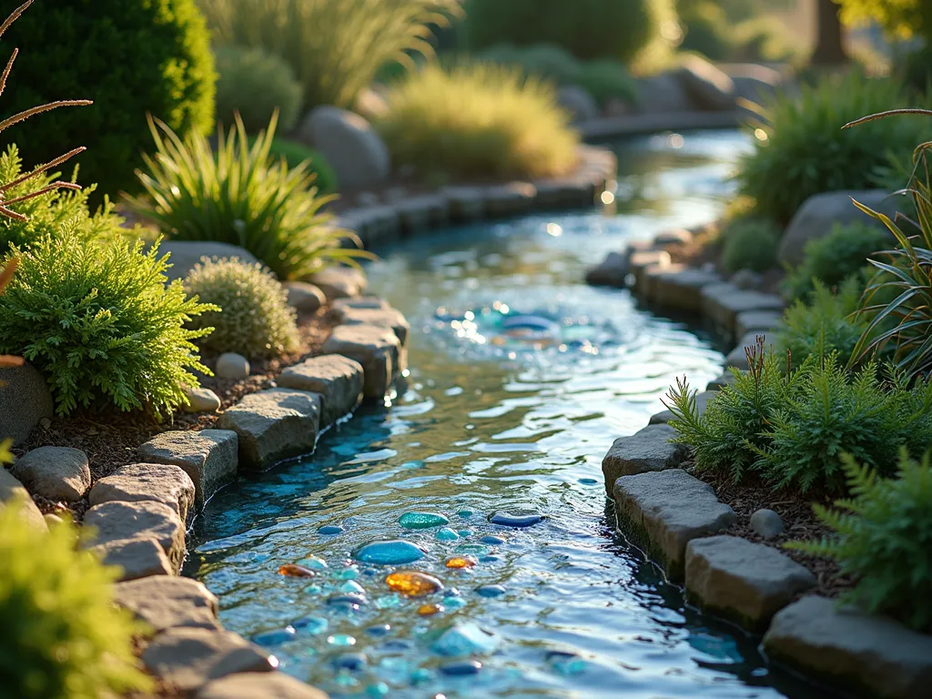 Colorful Mosaic Stream Border - A serene garden stream with intricate mosaic borders made of vibrant blue, turquoise, and amber glass tiles and ceramic pieces. The mosaic pattern follows the curved path of the gentle water flow, creating a Mediterranean-inspired design. Soft afternoon sunlight reflects off the glass pieces and water surface, casting sparkles on the surrounding plants. Small decorative stones line the streambed, while delicate ferns and creeping thyme soften the mosaic edge.