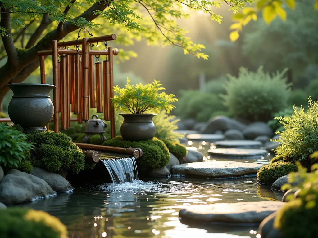 Musical Garden Stream Symphony - Enchanting garden water feature with cascading stream flowing through artistically arranged copper pipes, ceramic vessels, and bamboo chimes. Sunlight filtering through Japanese maple leaves, highlighting water droplets creating musical notes as they fall. Natural stone pathway alongside, with moss-covered rocks. Ethereal afternoon lighting, shallow crystal-clear water, zen garden aesthetic. Photorealistic, high detail, peaceful atmosphere, 4K