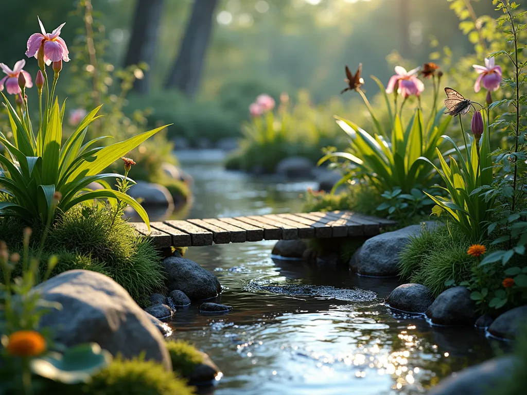 Natural Bog Stream Garden with Native Plants - A serene garden scene featuring a gentle, meandering stream flowing through a lush bog garden setting. Crystal-clear water winds between clusters of moisture-loving plants like iris, pitcher plants, and ferns. Natural stone edges blend seamlessly with the waterway, while marsh marigolds and rushes create golden highlights. Mossy patches add texture along the stream banks. A small wooden boardwalk crosses the stream, providing viewing access. Soft, diffused natural lighting creates a mystical atmosphere, with dewdrops glistening on vegetation. Wildlife elements include a dragonfly hovering over water and native butterflies. Photorealistic style with rich, natural colors and ethereal quality.