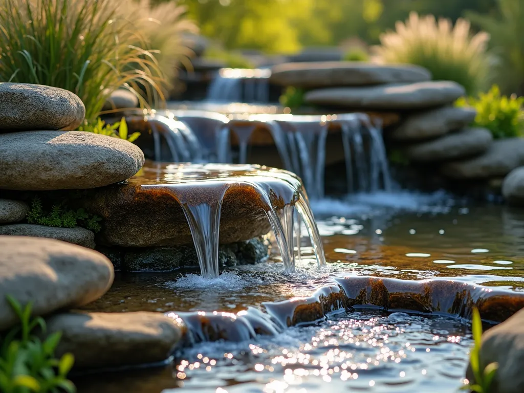 Natural Stone Mountain Stream Cascade - A serene garden waterfall with naturally stacked granite and slate stones creating multiple small cascading waterfalls, photographed in warm afternoon light. Crystal-clear water flows through irregular stone layers into peaceful pools, surrounded by moss-covered rocks. Sunlight catches water droplets creating a ethereal atmosphere. Hyper-realistic close-up photography, showing fine water details and natural stone textures, 32mm lens, f/2.8, soft natural lighting