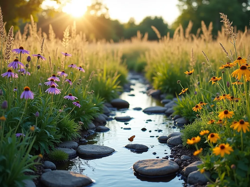 Natural Prairie Stream Garden - A serene garden scene featuring a gently meandering shallow stream with natural stone edges, surrounded by tall native prairie grasses swaying in the breeze. Purple coneflowers, black-eyed susans, and butterfly milkweed bloom along the water's edge. Golden afternoon sunlight filters through the grasses, creating a warm, naturalistic atmosphere. Small stepping stones cross the stream, while native switchgrass and little bluestem create movement and texture. A butterfly rests on a wildflower, and the water reflects the blue sky above.