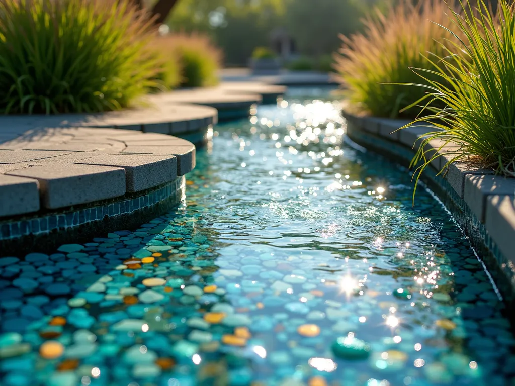 Recycled Glass Garden Stream - A serene garden stream with a bed of smooth, tumbled recycled glass in shades of cobalt blue, sea green, and amber, glistening in natural sunlight. The stream meanders through a modern landscape with sleek stone edges. Soft light filters through surrounding foliage, creating magical sparkles and reflections on the colorful glass pieces. The scene is captured from a low angle to emphasize the glass's luminescent quality, with gentle water flow creating subtle ripples over the vibrant glass bed. Modern geometric pavers line the edges, while ornamental grasses provide organic contrast to the crystalline stream.