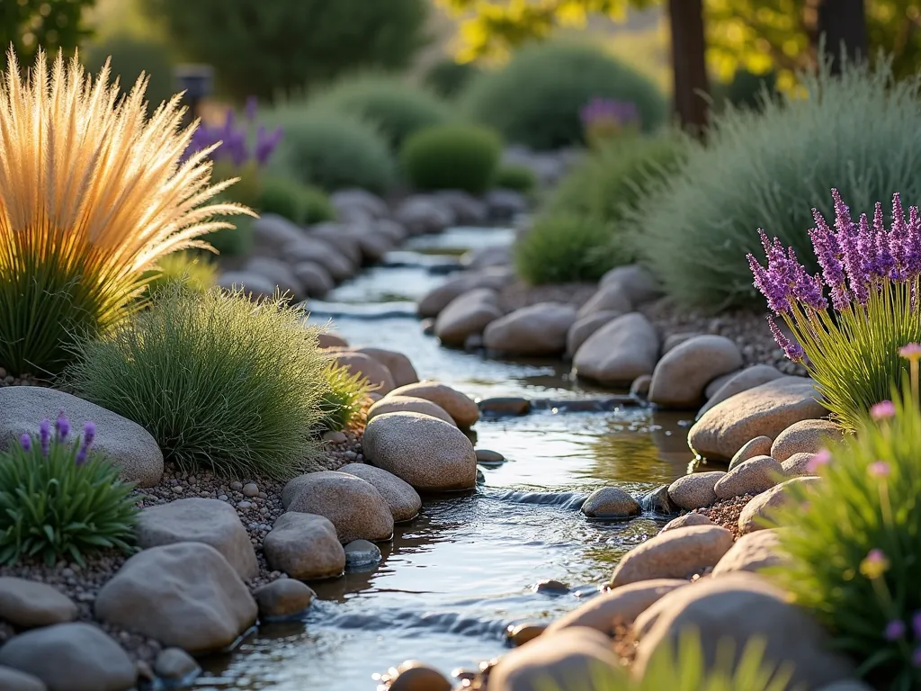 Seasonal Dry Stream Garden - A photorealistic garden landscape featuring a gently winding dry stream bed lined with smooth river rocks and pebbles. Desert sage, ornamental grasses, and purple lavender grow naturally between the rocks. The stream bed curves through a small garden, with Mexican feather grass catching golden afternoon light. Drought-resistant succulents and small boulders create natural-looking edges. The design suggests water flow while remaining beautiful in dry conditions. Soft, natural lighting creates depth and shadows across the textured rocks.