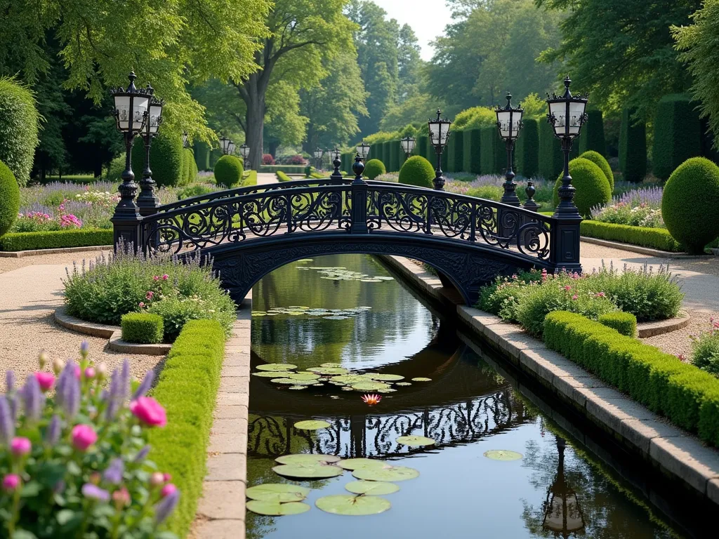 Elegant Victorian Stream Garden with Ornate Bridge - A beautifully manicured Victorian garden stream with a decorative black cast iron bridge, featuring ornate railings and formal landscaping. Crystal clear water flows beneath, bordered by traditional stone edging with detailed carved patterns. Structured flowerbeds contain blooming roses, lavender, and boxwood hedges in symmetric patterns. Classical Victorian lampposts frame the scene, while water lilies float gracefully in the stream. The garden showcases meticulous geometric design with gravel pathways and perfectly trimmed topiaries. Captured in natural daylight with soft shadows, photorealistic, 4k detail.