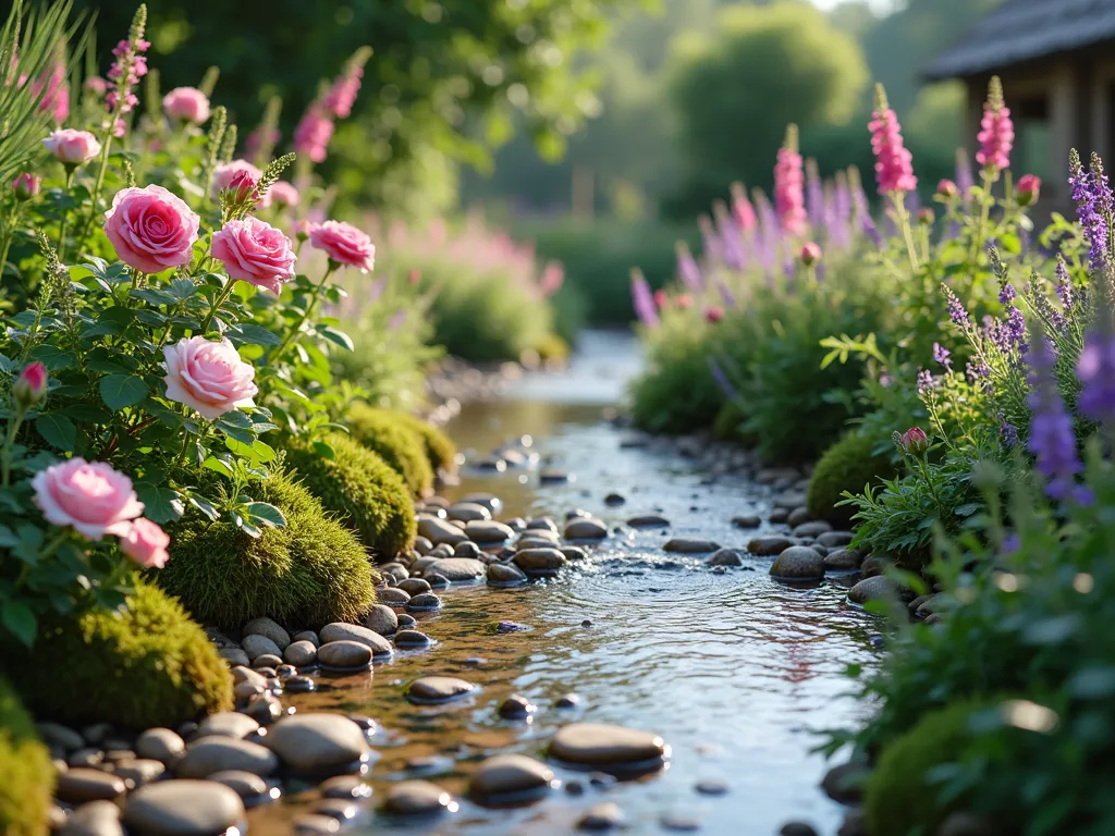 Vintage Cobblestone Garden Stream - A enchanting winding garden stream bordered by weathered cobblestones, curving naturally through lush cottage garden beds. Clear shallow water flows over small rounded pebbles, creating gentle ripples. Soft morning light illuminates the scene, with English roses, lavender, and foxgloves growing along the stream's edges. The aged cobblestones are partially covered with moss, lending a timeless, rustic charm. Photorealistic, high detail, soft natural lighting, shallow depth of field.