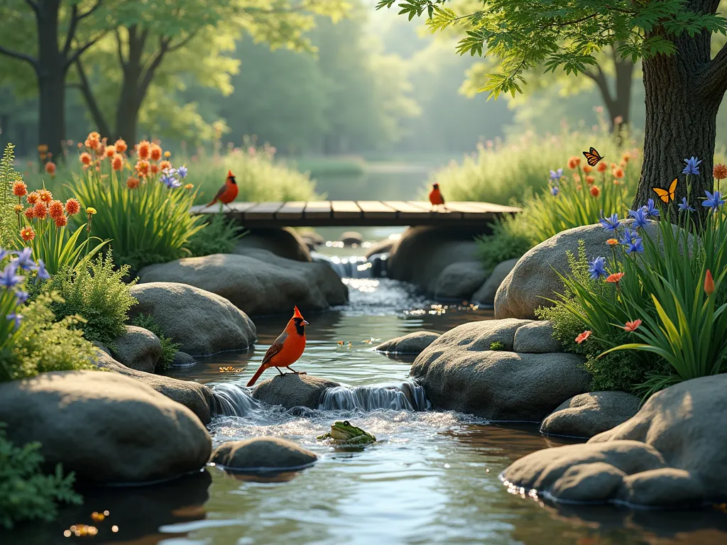 Natural Wildlife Garden Stream Habitat - A serene garden stream with crystal-clear water flowing over smooth stones, featuring multiple shallow pools and gentle cascades. Native wildflowers and ferns line the banks, with iris and marsh marigolds at water's edge. A small wooden bridge crosses overhead. Natural rock formations create hiding spots and microhabitats. A cardinal bathes in a shallow section while a green frog rests on a mossy rock. Dappled sunlight filters through overhead Japanese maple branches, creating a magical atmosphere. Butterflies hover near native flowering plants. Photorealistic, natural lighting, soft focus background.