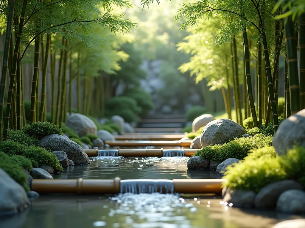 Zen Bamboo Water Stream - A serene Japanese garden setting with a traditional bamboo water feature. Crystal-clear water flows through elegantly arranged bamboo pipes and channels, creating a gentle cascading effect. Natural stone pathway leads to a small meditation area surrounded by dwarf bamboo plants and moss-covered rocks. Soft morning light filters through bamboo leaves, casting delicate shadows on the flowing water. Photorealistic, high detail, tranquil atmosphere, architectural photography style