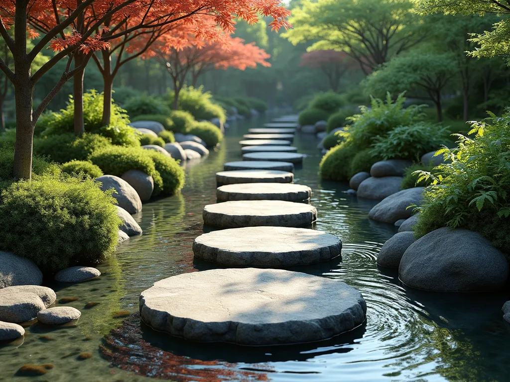 Zen Garden Stepping Stone Stream - A peaceful garden scene featuring a gently curving stream with large, flat natural granite stepping stones seemingly floating across crystal-clear water. Japanese maple trees cast dappled shadows on the water's surface, while moss-covered banks are adorned with ornamental grasses and small ferns. The stream is lined with smooth river rocks, and tiny water ripples create mesmerizing patterns around the stones. Soft natural lighting creates a serene atmosphere, with the water reflecting the surrounding greenery. Photorealistic, high detail, landscape photography style.