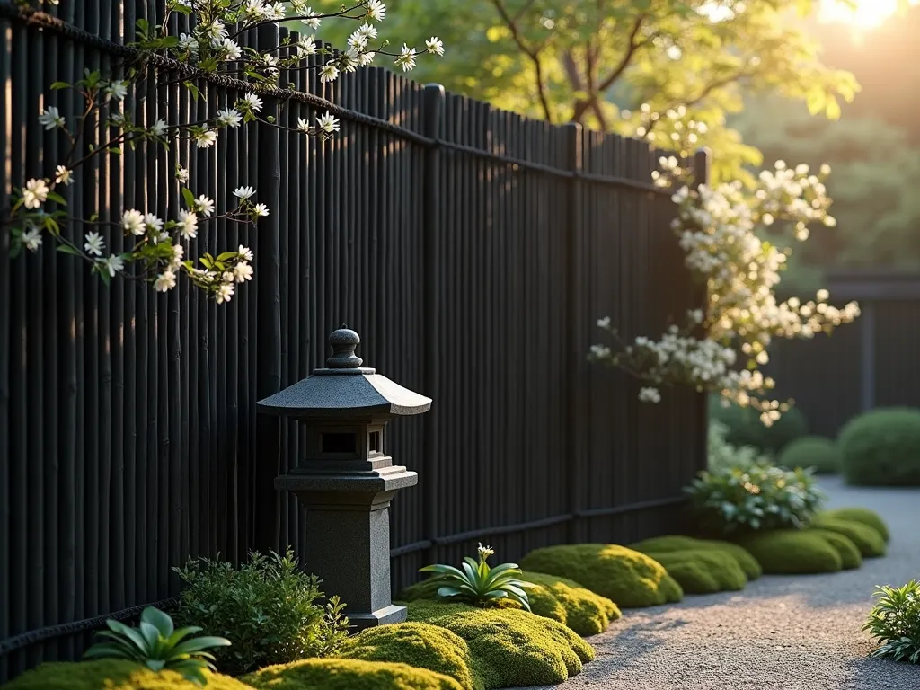 Elegant Bamboo Screen with Climbing Jasmine - A serene Japanese garden scene featuring a sophisticated black bamboo screen wall, meticulously arranged vertical poles bound with traditional black twine. Delicate star jasmine vines gracefully climb the bamboo, with soft white blooms scattered throughout. The screen is photographed at golden hour, casting gentle shadows on a moss-covered ground. A small stone lantern sits nearby, creating a peaceful, zen-like atmosphere. Shallow depth of field, atmospheric lighting, photorealistic style.