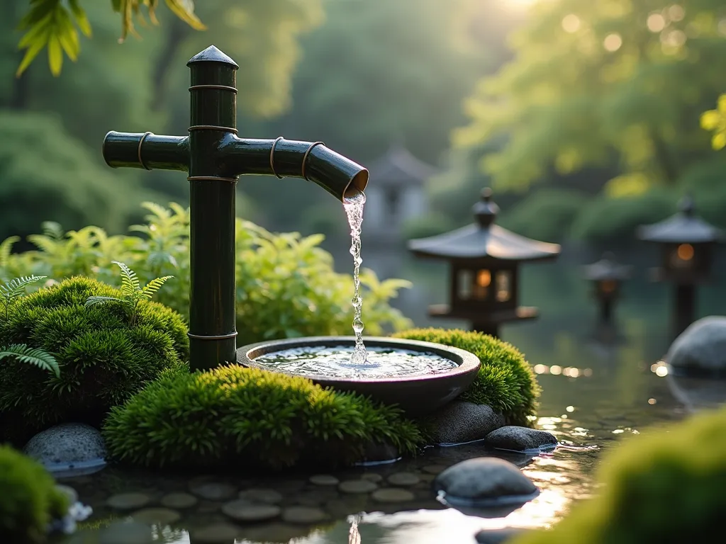 Serene Bamboo Fountain Garden - A tranquil Japanese garden scene featuring a traditional shishi-odoshi bamboo fountain, photographed in soft natural light. The fountain is crafted from dark bamboo, positioned over a small stone basin surrounded by lush green moss and delicate maidenhair ferns. Water droplets cascade from the bamboo pipe, creating a peaceful atmosphere. Natural stone lanterns and carefully placed rocks complement the scene. The composition is intimate and detailed, with morning mist adding atmospheric depth. Hyper-realistic style, shallow depth of field focusing on the fountain.