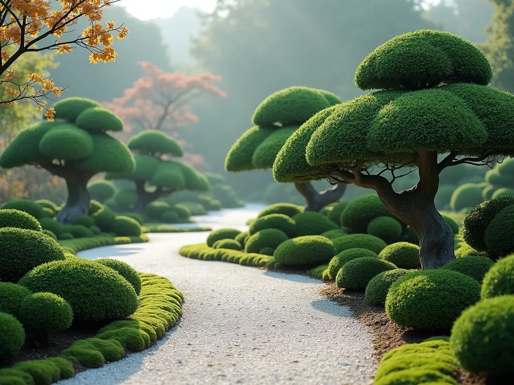 Elegant Cloud-Pruned Japanese Garden - A serene Japanese garden scene with artistically cloud-pruned boxwood and holly shrubs, meticulously shaped into flowing, organic cloud-like forms. The niwaki specimens are perfectly spaced along a curved gravel path, casting gentle shadows on light-colored gravel. Early morning mist adds atmosphere, while moss patches provide ground texture. Soft, diffused lighting enhances the sculptural qualities of the pruned shapes. Photorealistic, high detail, peaceful atmosphere.