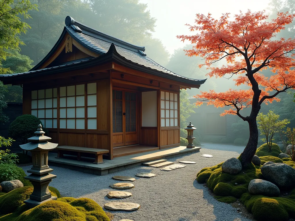 Traditional Japanese Tea House in Intimate Garden Setting - A serene wide-angle photograph of a small, elegant Japanese tea house with dark wood trim and paper screens, nestled in a compact garden. The tea house features a low-hanging cedar roof with gentle curves and a stone pathway leading to its entrance. The surrounding garden includes carefully pruned Japanese maples, dwarf bamboo, and moss-covered stones. A traditional waiting bench (machiai) sits beneath a small maple tree. The scene is composed with morning mist and soft natural lighting, creating a peaceful atmosphere. Traditional stone lanterns and carefully placed stepping stones complete the authentic Japanese garden design.