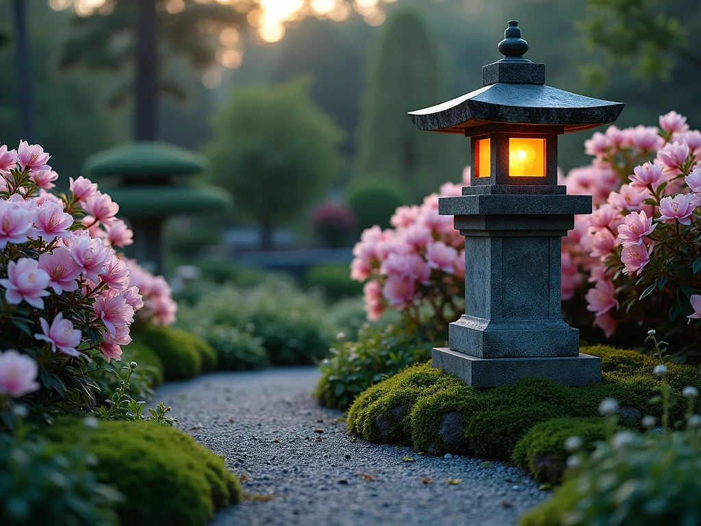 Illuminated Stone Lantern Garden Sanctuary - A serene Japanese garden scene at dusk featuring a weathered granite stone lantern (tōrō) as the central focal point, soft warm lighting emanating from within. The lantern is nestled among cascading pink and white azalea bushes of varying heights, creating natural depth. Emerald green moss and creeping thyme groundcover spreads organically around the base. Gentle shadows cast by the lantern across a small gravel path, with subtle landscape lighting creating a magical, ethereal atmosphere. Photorealistic, high-detail architectural photography style, peaceful composition, soft evening lighting.