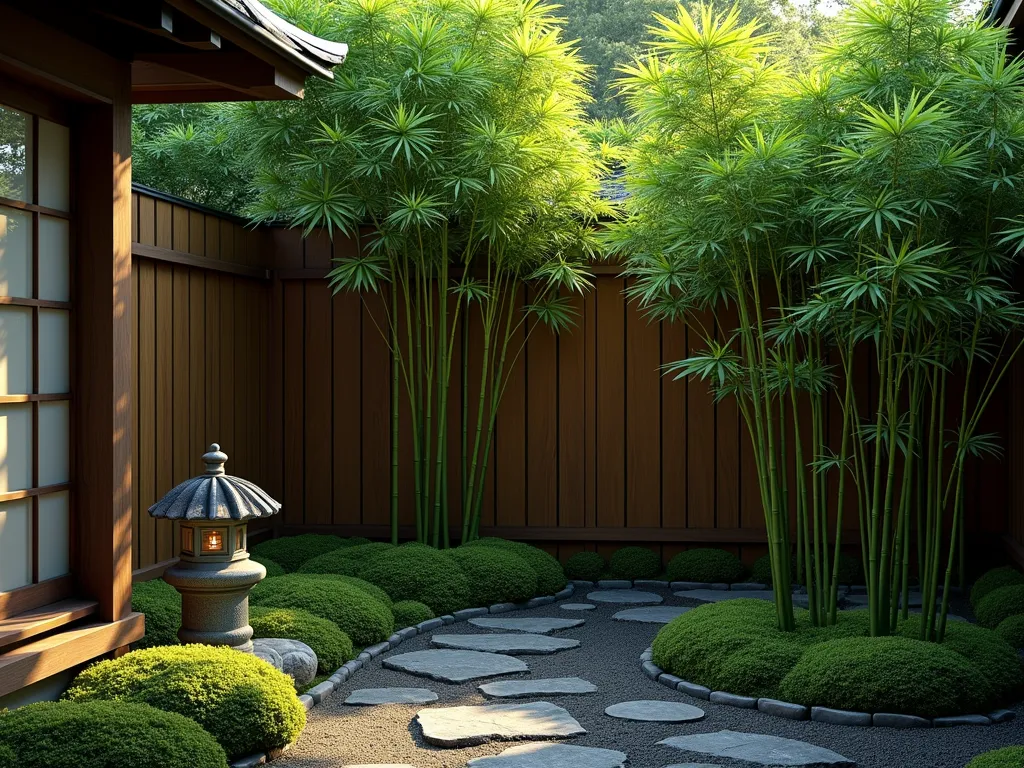 Intimate Bamboo Grove Corner with Evening Lighting - A serene corner Japanese garden featuring a small grove of elegant dwarf bamboo, perfectly manicured and densely planted. Subtle uplighting creates dramatic shadows and silhouettes against a traditional wooden fence. Stone pathway leads through the bamboo, with moss ground cover beneath. Soft evening lighting creates a mystical atmosphere, highlighting the bamboo's graceful stems. Natural stone lantern nestled among the bamboo adds authentic Japanese garden elements. Photorealistic, atmospheric lighting, peaceful composition.