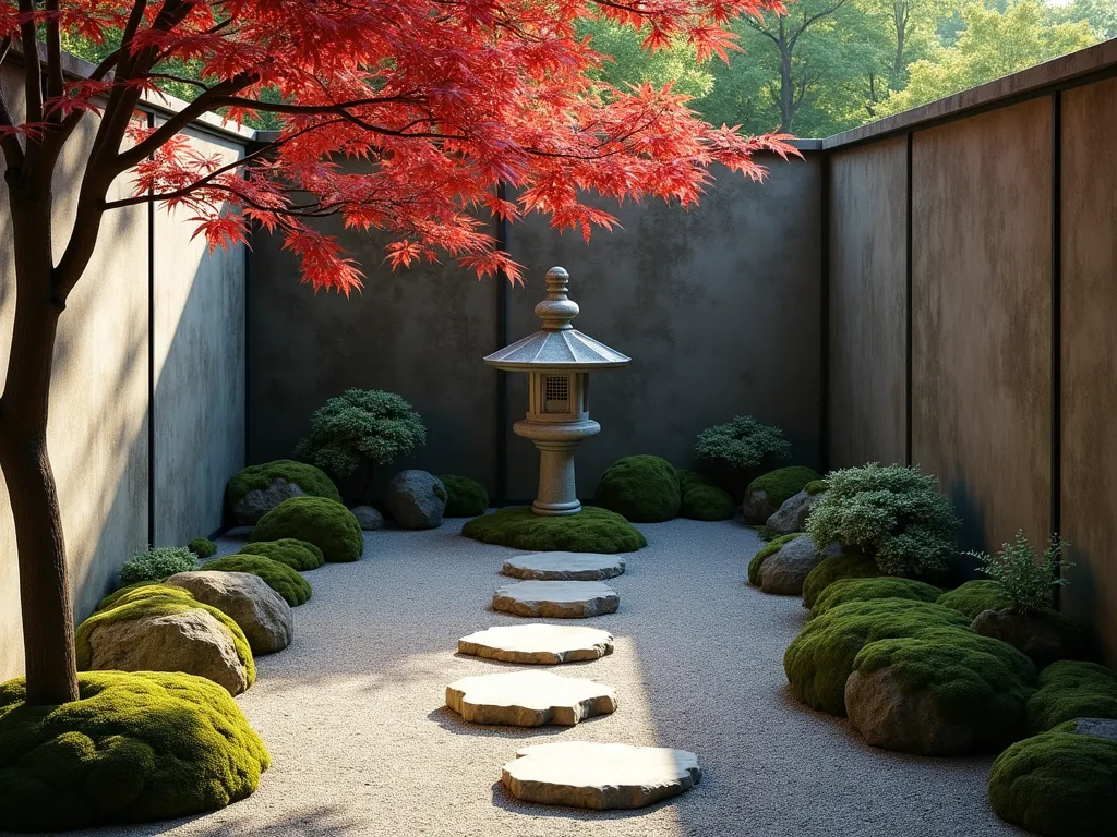 Intimate Tsubo-niwa Corner Garden - A tranquil Japanese courtyard garden nestled between two weathered stone walls, shot from a high angle. A delicate Japanese maple with deep red leaves creates a focal point, its branches gracefully extending over a traditional granite stone lantern. Natural stepping stones in irregular shapes create a mindful path through fine gravel raked in traditional zen patterns. Dappled sunlight filters through the maple leaves, casting gentle shadows. The intimate space features subtle moss growth between stones and along the wall bases, adding age and serenity. Photorealistic, soft natural lighting, architectural photography style, 32k quality.