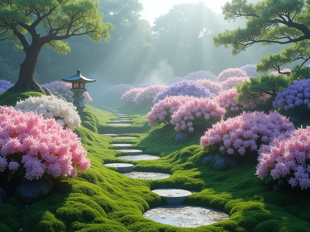 Serene Japanese Azalea Garden with Moss Ground Cover - A peaceful Japanese garden scene featuring clusters of blooming dwarf azaleas in soft pink, purple, and white cascading down a gentle slope. The azaleas are artfully arranged in naturalistic waves, creating a harmonious color gradient. Lush, emerald-green moss carpets the ground between the azaleas, with small stepping stones winding through. Morning mist adds ethereal atmosphere, while a traditional stone lantern sits quietly among the flowers. Soft, diffused natural lighting creates a dreamy, enchanting atmosphere. Photorealistic, high detail, styled like a fine art nature photograph.