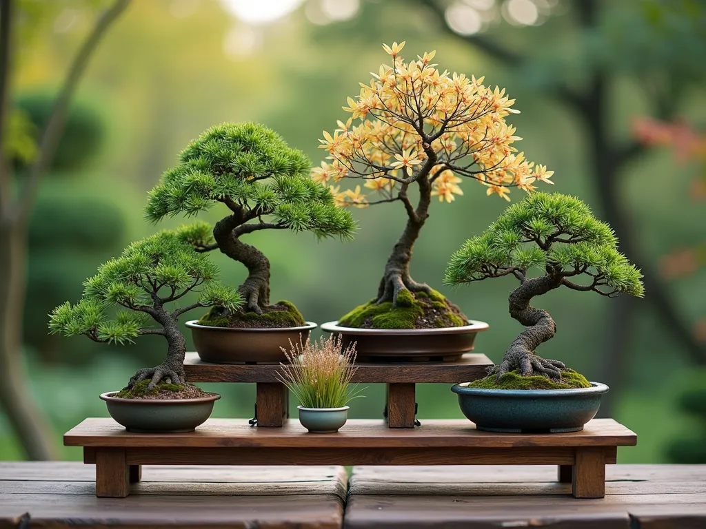 Elegant Bonsai Garden Display - A serene photograph of a traditional wooden tiered display stand showcasing 4-5 meticulously pruned bonsai trees of varying sizes and species, including a flowering maple and pine bonsai. Small ceramic kusamono pots with seasonal grasses and tiny flowering plants are artfully placed between the trees. The display is photographed in soft natural lighting with a shallow depth of field, creating a peaceful atmosphere. The wooden stand has a rich, weathered patina, and the background suggests a peaceful garden setting with soft bokeh effects.