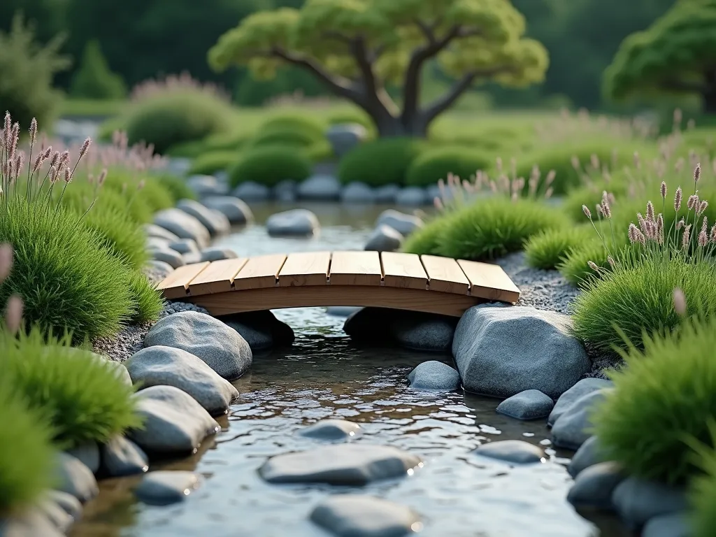 Zen Garden Miniature Bridge - Serene Japanese garden scene featuring a small curved wooden bridge spanning a meticulously arranged dry stream bed. Polished river rocks and light gray gravel create the illusion of flowing water beneath. Japanese forest grass and dwarf mondo grass line the edges of the stream, their delicate blades swaying gently. Soft, diffused natural lighting, photorealistic, 4k detailed texture, architectural photography style