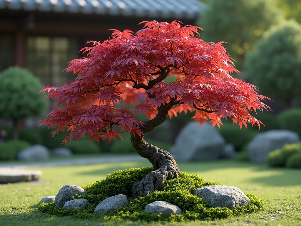 Japanese Maple Garden Centerpiece - A serene Japanese garden scene with a dwarf Crimson Queen Japanese maple as the focal point, its delicate burgundy-red lacy leaves cascading gracefully. The maple is surrounded by a lush carpet of emerald moss and small clumps of creeping thyme. Natural gray and charcoal-colored ornamental rocks of varying sizes are artfully placed around the base, creating a harmonious composition. Soft, natural lighting enhances the maple's vibrant foliage against a slightly blurred traditional garden background, photorealistic style, 8k quality