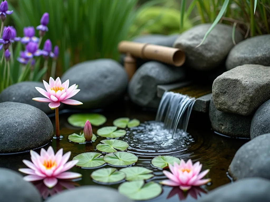 Serene Japanese Pocket Pond with Bamboo Water Feature - A tranquil small Japanese garden scene featuring an intimate preformed pond with blooming miniature water lilies in soft pink and white. Smooth black river rocks and weathered granite stones arranged naturally around the edges. A traditional bamboo soksei water spout creates a gentle cascade of water, surrounded by clusters of purple dwarf iris and variegated sweet flag grasses. Captured in soft natural lighting with shallow depth of field, emphasizing the peaceful atmosphere and zen-like quality. High-end photographic style with attention to texture and detail.