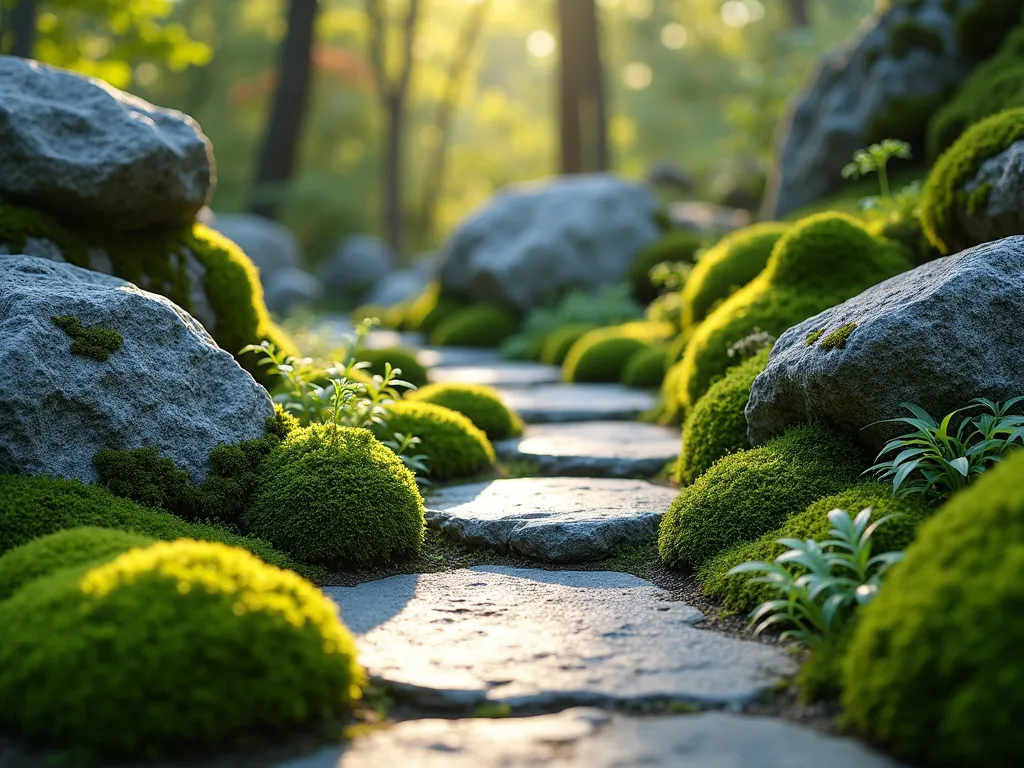 Serene Moss and Rock Japanese Garden Path - A tranquil Japanese garden landscape with weathered granite boulders arranged artistically among lush green moss varieties, captured in soft natural lighting. A narrow winding stone path leads through the scene, lined with cushions of star moss and sheet moss. Delicate maidenhair ferns and miniature Japanese forest grass peek between rocks. Dappled sunlight filters through unseen maple trees above, creating gentle shadows on the moss-covered rocks. The composition includes varying heights of carefully placed stones, creating a sense of natural harmony and zen-like peace. Hyperrealistic, professional photography style, f/8, soft bokeh background.