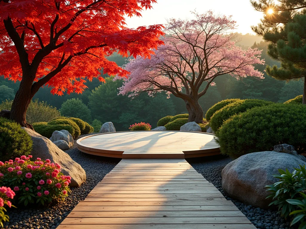 Four Seasons Japanese Viewing Garden - A serene Japanese garden viewpoint featuring a curved wooden viewing deck overlooking a vibrant Japanese maple with red leaves. Natural stone steps lead to the platform, surrounded by carefully placed rocks and pruned azaleas. A blooming cherry tree in the background adds depth, while a witch hazel provides seasonal interest. The composition is artfully framed with bamboo and evergreen shrubs, creating a peaceful meditation space with traditional Japanese design elements. Shot during golden hour with soft, natural lighting.