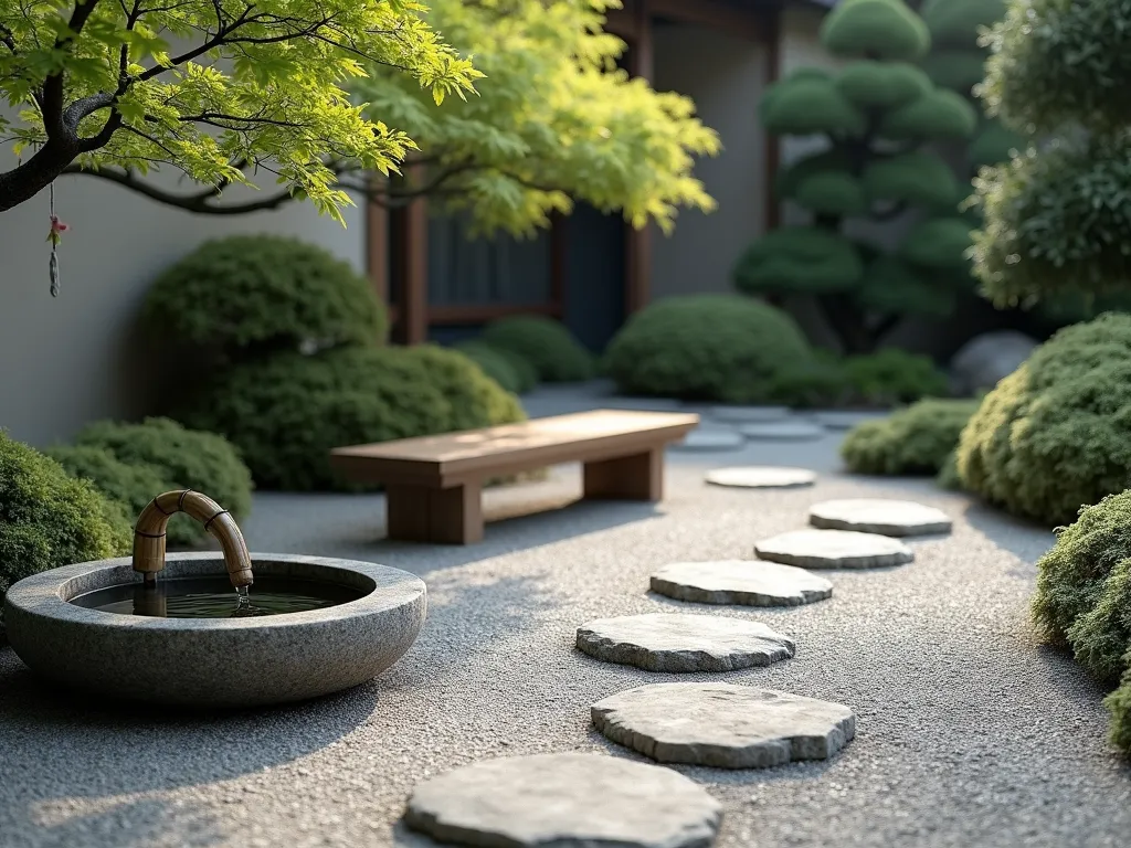 Serene Tea Garden Nook with Traditional Elements - A peaceful Japanese tea garden nook photographed in soft morning light, featuring a traditional stone water basin (tsukubai) with bamboo water spout. A curved gravel path made of light gray stones leads to a minimalist wooden bench beneath a small Japanese maple. Carefully placed stepping stones in natural granite cross the raked gravel. Dwarf Hinoki cypress and clusters of Japanese forest grass (Hakonechloa) create a soft, layered backdrop. The scene is intimate and contemplative, with moss-covered stones adding age and authenticity. Photorealistic, high detail, architectural photography style.