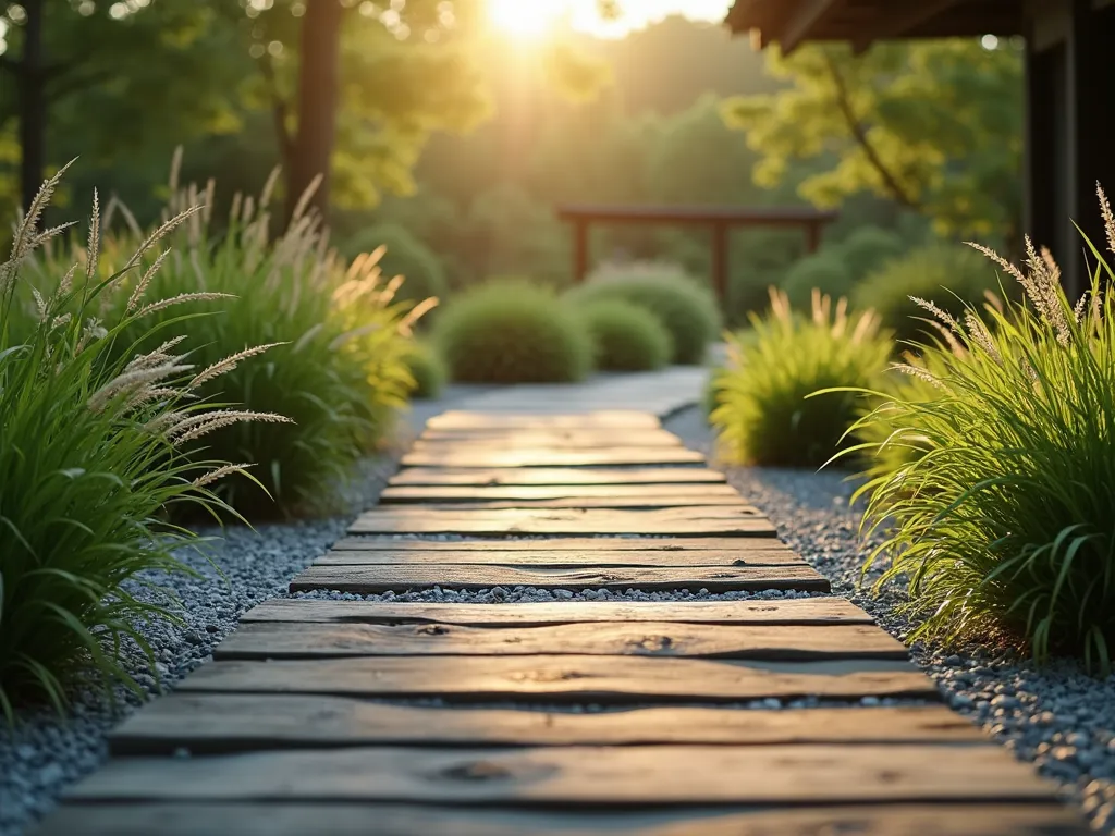 Zen Garden Timber Path - A serene Japanese garden path made of weathered timber sleepers irregularly spaced in light gray gravel, bordered by flowing Japanese forest grass catching golden sunlight, photorealistic style, soft natural lighting, high-end landscape photography, shallow depth of field, 8k resolution