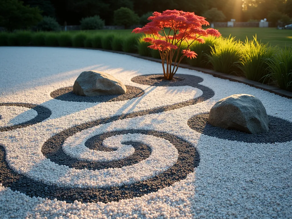 Zen-Inspired Japanese Gravel Garden Pattern - A serene Japanese gravel garden featuring a mesmerizing pattern of light gray and white gravel raked in concentric circles, with smaller areas of black gravel creating contrast. Two carefully placed weathered granite rocks emerge naturally from the gravel. A single dwarf Japanese maple provides a dramatic focal point, its delicate red leaves casting subtle shadows on the gravel. Minimal bamboo grass plantings along the edge add texture. Shot during golden hour with soft lighting enhancing the peaceful atmosphere, photorealistic style.