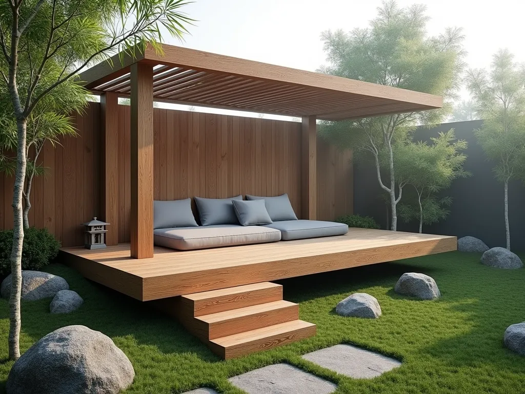 Zen Meditation Platform in Japanese Garden - A serene Japanese garden scene featuring an elevated wooden meditation platform, crafted from rich cedar wood, floating 18 inches above ground. The platform is surrounded by carefully manicured Japanese forest grass and dwarf bamboo. A minimalist Asian-inspired pergola with thin wooden slats provides partial shade. Natural stone steps lead to the platform, where zen-inspired cushions in muted grey rest on the deck. Moss-covered rocks and carefully placed boulders anchor the space, while a small stone lantern creates atmosphere. Early morning mist adds ethereal quality, photographed from a 45-degree angle. Photorealistic, architectural photography style.