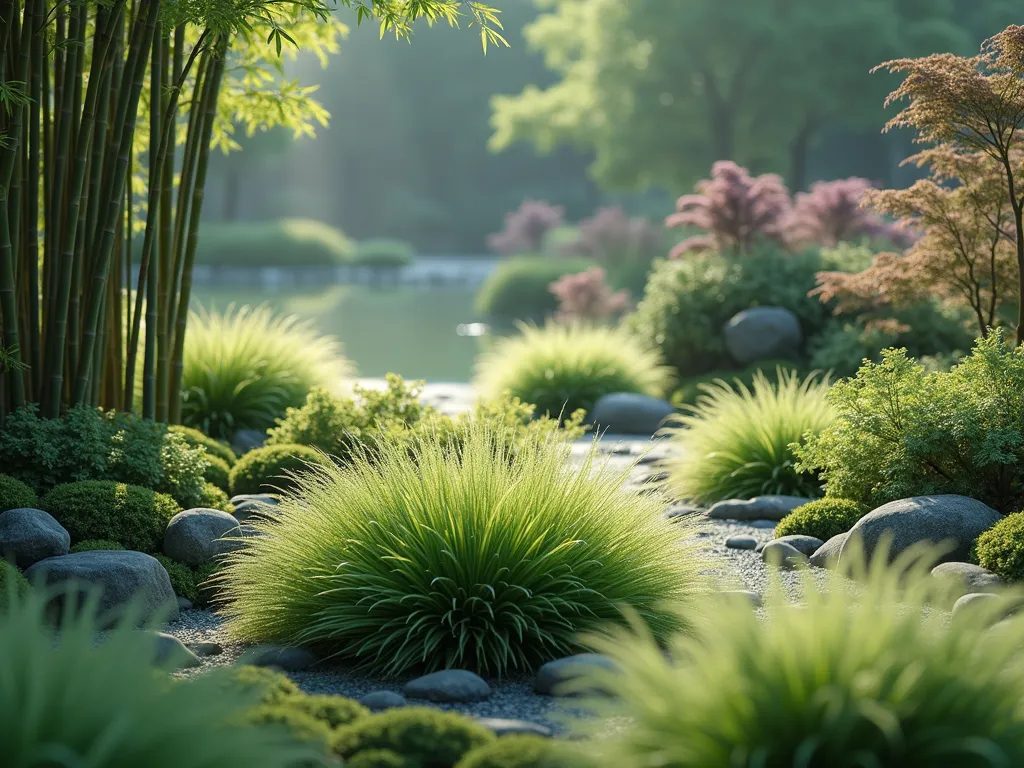 Layered Japanese Garden Textures - A serene Japanese garden scene with layers of delicate textures, featuring soft forest grass swaying in the foreground, dwarf bamboo creating a middle layer with its architectural stems, and small Japanese painted ferns adding subtle purple-silver highlights in the background. Natural stone elements peek through the foliage, with morning mist creating depth. Captured in soft morning light with shallow depth of field, emphasizing the interplay of different plant textures. Photorealistic style with attention to botanical detail.