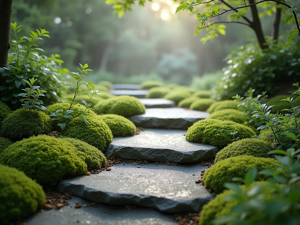 Mindful Stone Path Journey - A serene Japanese garden path with artfully placed natural granite stepping stones meandering through lush moss and creeping thyme ground cover. The stones are irregularly spaced, creating a contemplative walking rhythm. Soft morning mist hovers above the path, while delicate ferns and small ornamental grasses line the edges. The path is photographed from a low angle, with gentle natural lighting filtering through Japanese maple branches overhead. The stones appear weathered and partially covered with moss, suggesting age and established beauty.