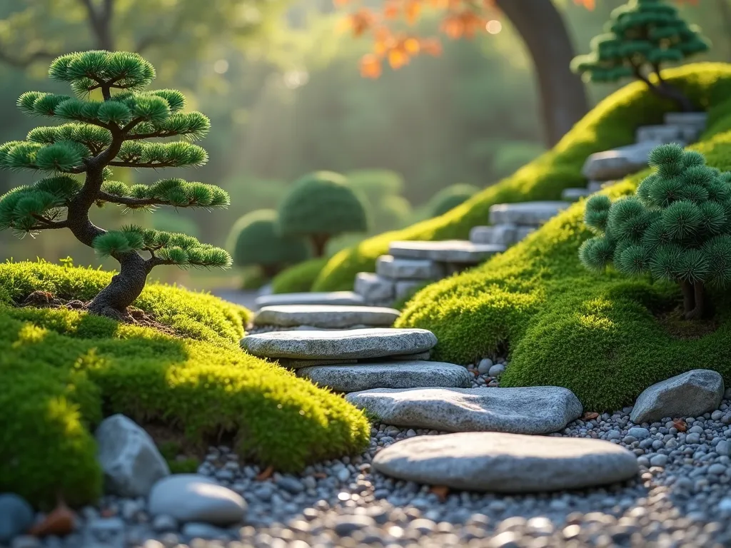 Serene Miniature Hill Japanese Garden - A peaceful Japanese garden scene featuring a gently sloping artificial hill with natural stone arrangements. The hill is beautifully landscaped with dwarf Japanese maples, compact green mondo grass, and miniature conifers like Hinoki cypress. Natural granite stepping stones wind up the slope, surrounded by carefully placed moss patches. The scene is captured in soft natural lighting with shallow depth of field, creating a dreamy, enchanted atmosphere. Small ornamental rocks and pebbles line the base of the hill, with a subtle morning mist adding depth and mystery.