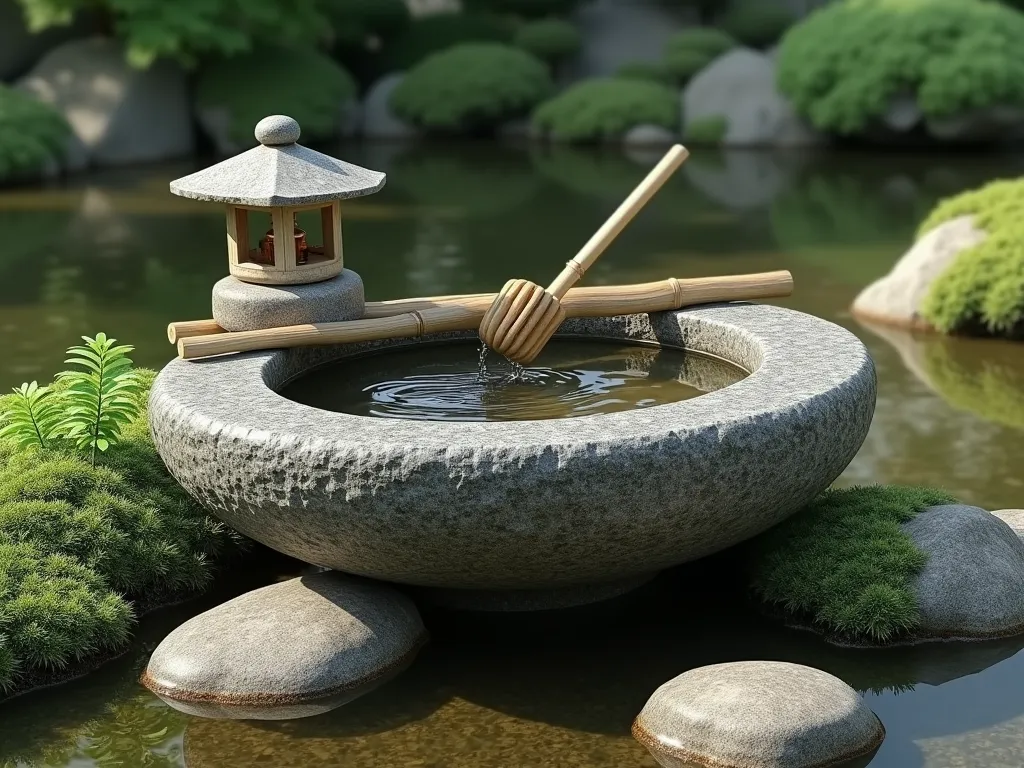 Serene Stone Basin with Bamboo Dipper - Tranquil Japanese garden scene featuring a weathered granite tsukubai (stone water basin) with water rippling inside, surrounded by natural moss-covered stones. A traditional bamboo dipper rests gracefully across the basin. A small traditional stone lantern glows softly nearby. The scene is accented with patches of lush green moss, small ferns, and smooth river rocks in a peaceful arrangement. Soft natural lighting creates gentle shadows, photorealistic style, high detail, architectural photography perspective