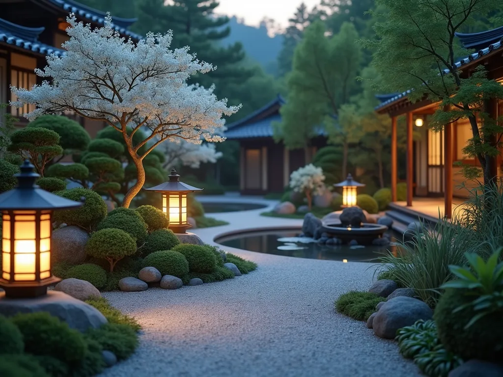 Tranquil Evening Japanese Garden - A serene Japanese garden at dusk, featuring traditional stone lanterns casting warm light across a winding path of light-colored gravel. White flowering jasmine and moonflowers bloom around a small reflecting pond. Traditional wooden deck overlooks the scene, with soft landscape lighting illuminating ornamental grasses and bamboo. Stone water basin with trickling water creates peaceful ambiance. Delicate mist hovers near ground level, creating ethereal atmosphere. Photorealistic, cinematic lighting, shallow depth of field.