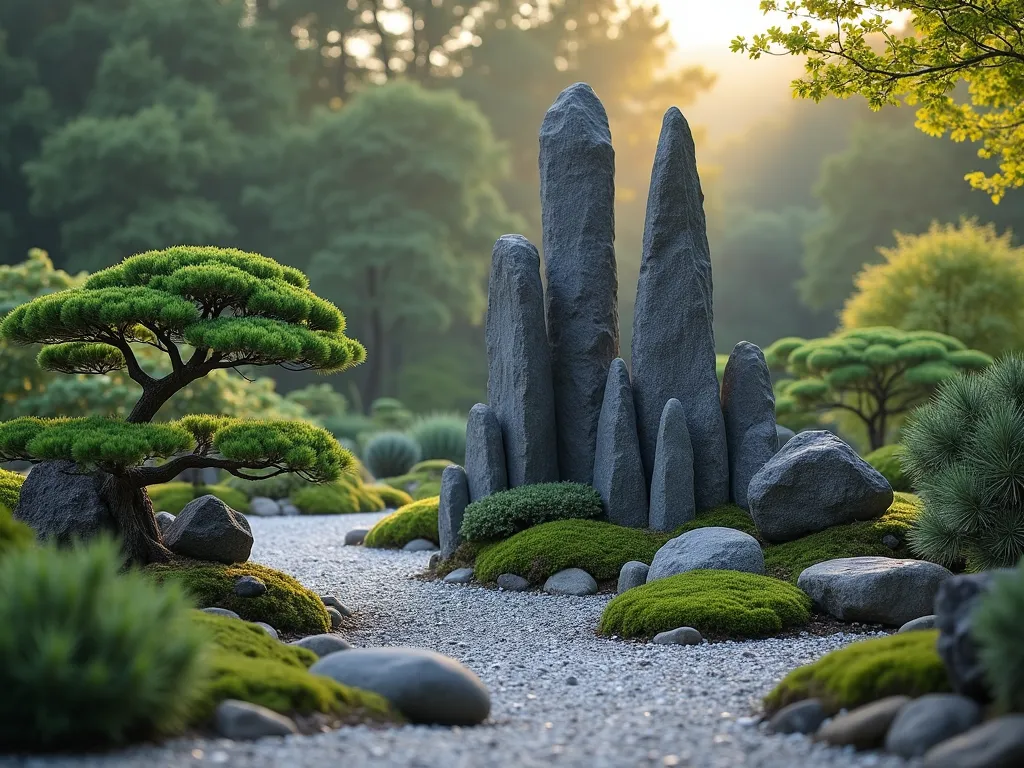 Dramatic Vertical Rock Garden with Evergreens - A serene Japanese garden featuring a dramatic vertical rock arrangement with tall, angular stones in dark gray and charcoal tones rising majestically from a bed of smaller rocks and raked gravel. The composition is softened by carefully placed dwarf Japanese cypress and moss patches growing between the rocks. Low-growing juniper spreads gracefully around the base, while morning mist adds ethereal atmosphere. Shot in warm morning light with shallow depth of field, photorealistic style.