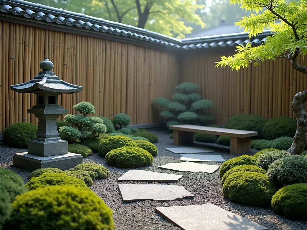 Zen Corner Shrine Garden - A serene Japanese garden corner with a traditional granite stone lantern as focal point, surrounded by moss gardens and dwarf japanese maples. A rustic bamboo fence creates a natural backdrop, while a simple wooden meditation bench sits nearby. Stepping stones lead to the sacred space through carefully placed nandina and small clumps of ornamental grasses. Morning mist adds atmosphere, with soft natural lighting creating peaceful shadows. Minimalist design with clean lines and carefully placed elements in traditional Japanese style.