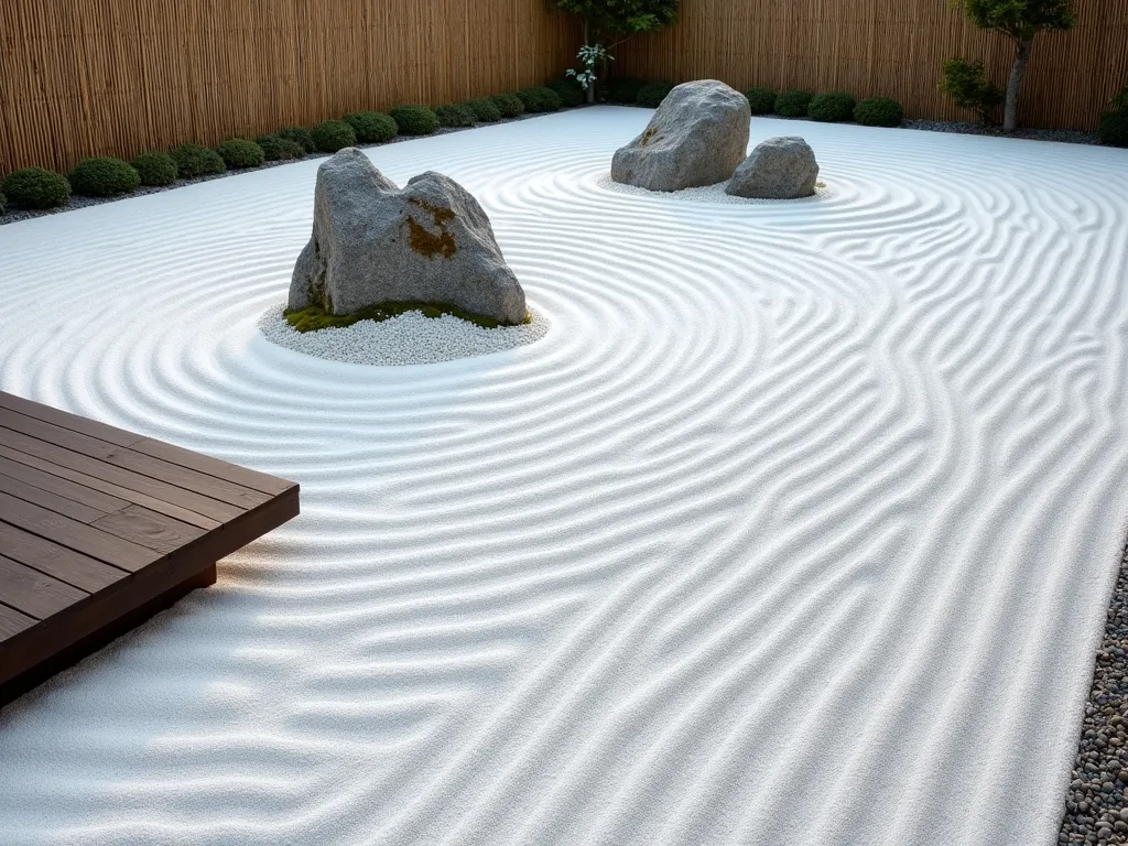 Serene Zen Rock Garden with Viewing Deck - A meticulously maintained Japanese zen rock garden viewed from above at a slight angle, featuring intricate concentric ripple patterns carefully raked in pristine white gravel. Three large, weathered granite rocks of varying sizes are artfully positioned to represent mountains, surrounded by precise parallel lines in the gravel. A minimal wooden viewing deck made of dark-stained cedar extends from the left side, offering a contemplative viewing spot. Soft morning light casts subtle shadows across the raked patterns, creating a sense of depth and tranquility. Small moss patches grow naturally around the base of the rocks, adding organic elements to the otherwise abstract landscape. The scene is framed by simple bamboo fencing in the background.