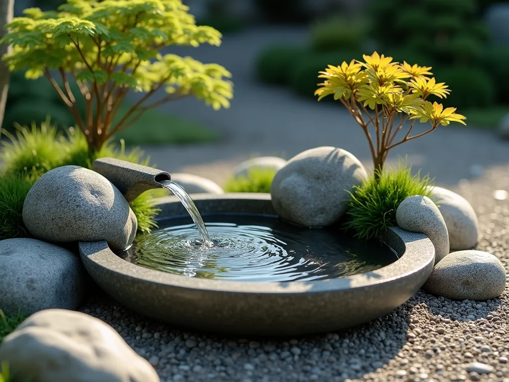 Zen Water Stone Harmony - A serene Japanese garden vignette featuring a polished granite water basin with a thin stream of water gracefully flowing over its carved surface. The basin is surrounded by carefully placed weathered rocks of varying sizes, creating a natural asymmetrical composition. Small clumps of moss and dwarf mondo grass soften the edges, while a single petite Japanese maple provides a touch of organic elegance. Natural sunlight casts gentle shadows across the scene, highlighting the water's movement and the stones' texture. Photorealistic, high detail, shallow depth of field, peaceful atmosphere