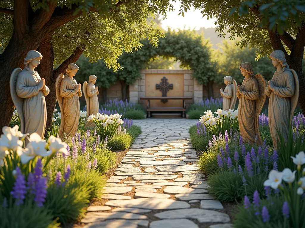 Intimate Biblical Sculpture Garden Path - A serene garden path at golden hour, featuring weathered stone sculptures of angels and biblical figures nestled among olive trees and blooming hyssop. Natural stone pavers wind through the garden, leading to a peaceful meditation area with a handcrafted wooden bench. Soft Mediterranean light filters through grape vines overhead, creating dappled shadows. In the foreground, beds of white lilies, purple iris, and fragrant sage border the path. A small trickling fountain adds to the contemplative atmosphere. Photorealistic, architectural photography style.