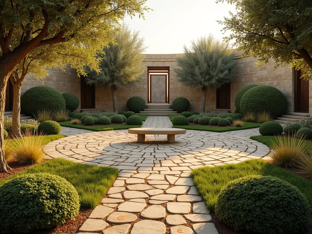 Biblical Seven Species Prayer Garden - A serene circular garden at golden hour, with seven radiating paths leading to a central peaceful meditation space marked by a simple stone bench. Each pathway showcases one of the biblical species: mature olive trees, flowering pomegranate bushes, climbing grape vines on wooden arbors, flourishing fig trees, swaying wheat stalks, golden barley, and graceful date palms. Natural stone pathways connect the sections, with subtle copper plaques nestled among the plants. The garden has a Mediterranean aesthetic with weathered stone walls in the background and dappled sunlight filtering through the foliage. Soft evening light illuminates the tranquil scene, photorealistic style, high detail, tranquil atmosphere.