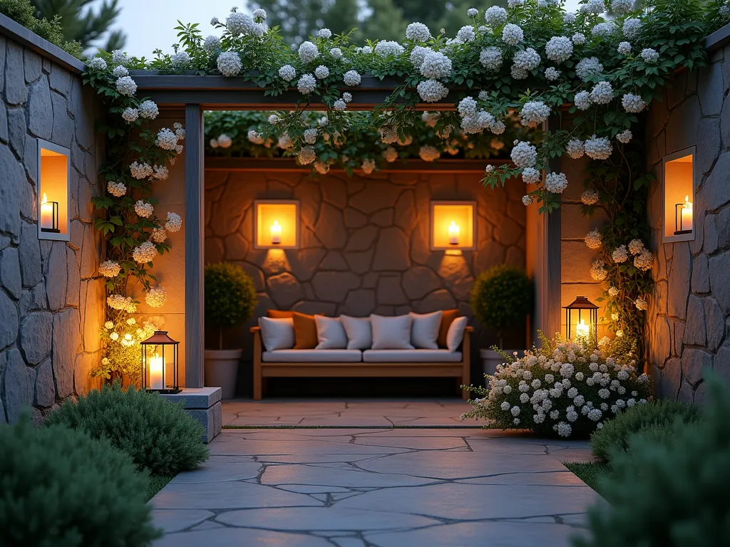 Enchanted Candlelit Prayer Garden at Dusk - A serene intimate garden space at twilight, featuring stone walls with glowing recessed candle niches, elegant wrought iron lanterns casting warm light. White moonflowers climbing trellises bloom in the evening light. A comfortable wooden meditation bench with soft cushions sits beneath an arbor. The scene is photographed in ethereal evening light with soft bokeh effects from the candles, creating a peaceful and spiritual atmosphere. Architectural photography style, high-end garden design, mystical evening lighting.