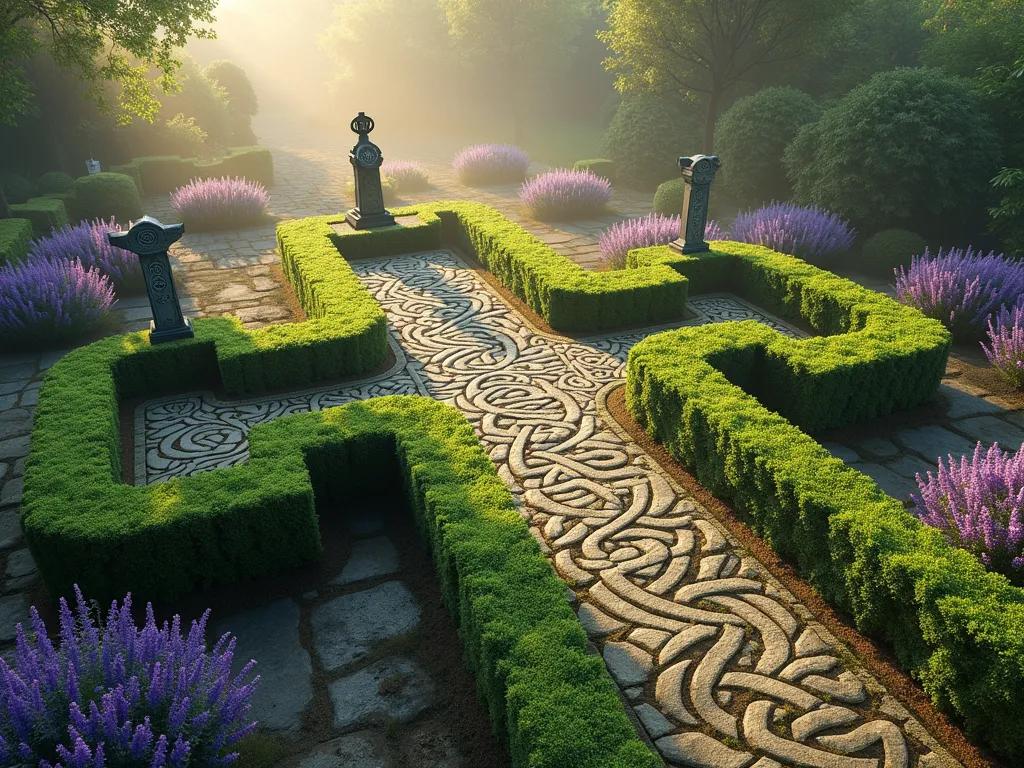 Celtic Cross Prayer Garden - A serene garden path in the shape of a Celtic cross, viewed from above at a slight angle. Neatly trimmed boxwood hedges outline the cross pattern with intricate Celtic knot designs. Soft purple lavender borders the pathways. Stone prayer stations with Celtic symbols are positioned at each point of the cross. Delicate Irish bells hang from wrought iron posts. Soft morning mist hangs in the air, with golden sunlight filtering through. The garden has a mystical, ancient feel with moss-covered stones and Celtic spiral decorations. Photorealistic, masterful garden design, 8k resolution.